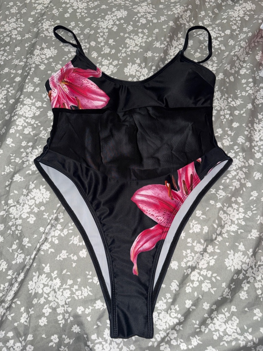 Black One-Piece Swimsuit with Pink Floral Accents